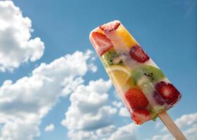 fruity. Refreshing fruit ice popsicles sparkling against a bright blue sky. The juicy colors of the ice create a summery, cheerful mood photo