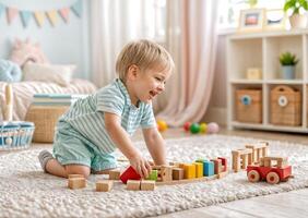 A happy toddler enthusiastically playing with eco-friendly wooden toys on a soft carpet in a cozy nursery photo