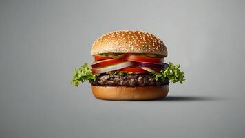 Appetizing burger with juicy patty, melted cheese, fresh vegetables and wheat bun, perfect for advertising purposes photo