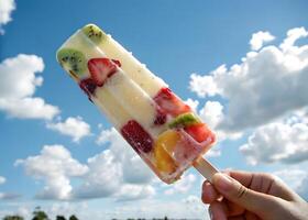 fruit ice. Refreshing fruit ice popsicles sparkling against a bright blue sky. The juicy colors of the ice create a summery, cheerful mood photo