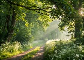 the sun's rays. A forest path in summer, illuminated by warm sunlight that breaks through the dense foliage of trees. photo