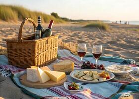 Picnic on the beach. An idyllic picnic on the golden sand with a wicker basket, cheese, fresh fruit and a bottle of wine photo