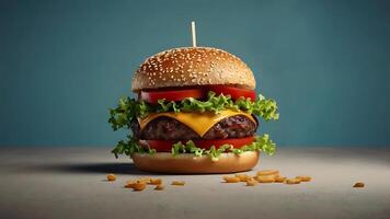 Burger on a blue background. Appetizing burger with juicy patty, melted cheese, fresh vegetables and wheat bun, perfect for advertising purposes photo