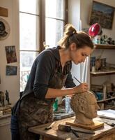 A creative female sculptor immersed in the process of creating a work of art in her studio photo