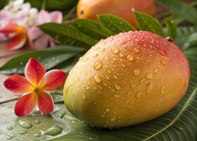 mango. Juicy ripe mango with shiny water drops sparkling against a tropical landscape photo