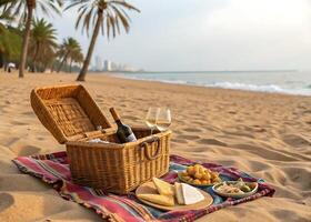 picnic. An idyllic picnic on the golden sand with a wicker basket, cheese, fresh fruit and a bottle of wine photo