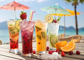 juices. A sparkling collection of refreshing non-alcoholic summer cocktails. Fruit juices, ice cubes of various shapes photo