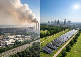 solar panels. Split-screen visual contrast on the left, a city choked with smog and industrial emissions, on the right photo