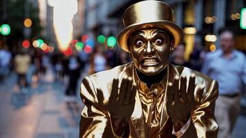 A man in a gold costume is standing in the middle of a city photo