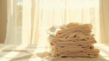 A stack of folded towels sitting on top of a bed photo