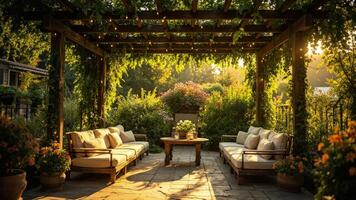 A patio with couches and tables under a pergola photo