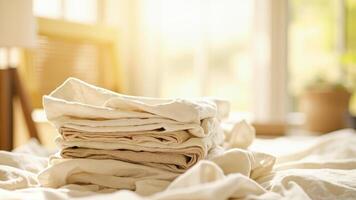 A stack of white towels on a bed photo