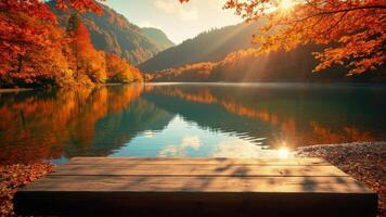 Autumn landscape with wooden bench in the middle of a lake photo