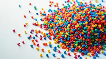 A pile of colorful plastic beads on a white surface photo