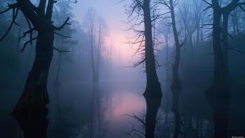 A foggy morning in the woods with trees photo