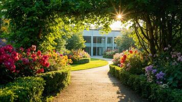 A pathway through a garden with flowers and trees photo