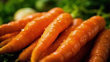 Carrots are piled up on a table with other vegetables photo