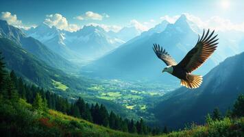 An eagle flying over a mountain range with trees and grass photo