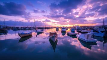 Boats are docked at sunset in a harbor photo