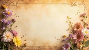 Vintage background with flowers and butterflies on old paper photo