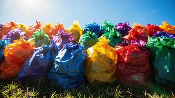 Many plastic bags are lined up in a field photo