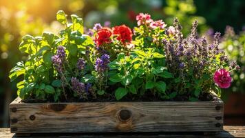 A wooden box with flowers in it photo