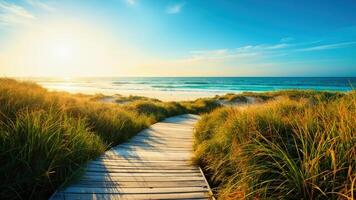 Wooden path leading to the beach at sunset photo