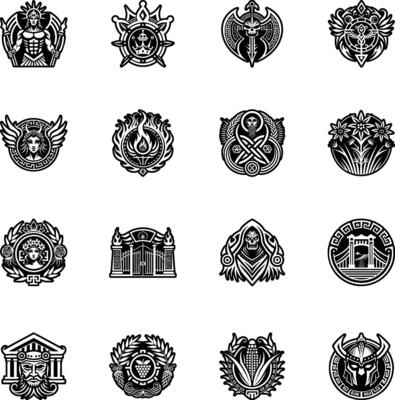 A set of black and white emblems and badges