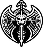 A solid style icon depicting skull axe vector