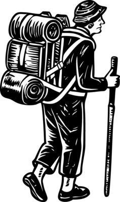 A vintage style illustration of backpacking