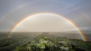Vibrant Rainbow Arcs Over Misty Path and Flowering Meadow photo
