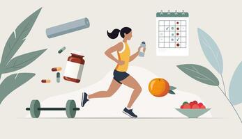 Flat wellness scene reminding the importance of check-up of the body. Medical calendar, sport activities, vitamins vector