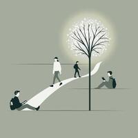 Monochrome scene with students and a glowing tree personifying knowledge. Silhouettes of university or college students vector
