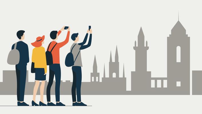 Illustration of tourists on a tour. City scene with people in a flat style. Panorama of a beautiful city.