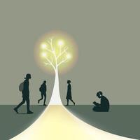 Minimalist scene with students and a shining tree of knowledge. Silhouettes of university or college students vector