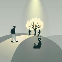 Abstract scene with students and a tree personifying knowledge. Silhouettes of university or college students in a minimalistic style vector