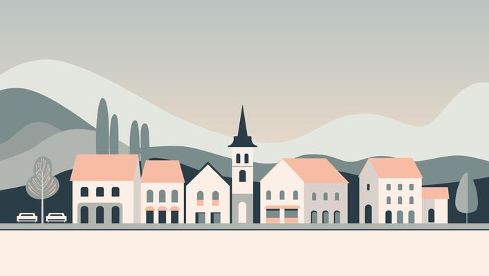 City scene in a flat style. Houses in the mountains. Panoramic view of a small town in pastel colors.