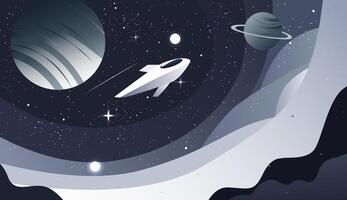 Space scene in a flat style. Spaceship, rocket. Futuristic space illustration. Fantastic universe vector