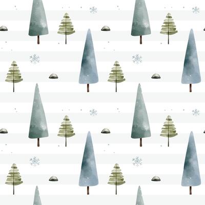 Winter seamless pattern with snowy trees. Christmas patterns. Wintertime backgrounds. Cute watercolor fir trees.