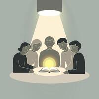 Abstract scene with people and a book and the light from it personifying knowledge. Silhouettes of students in a minimalistic style vector