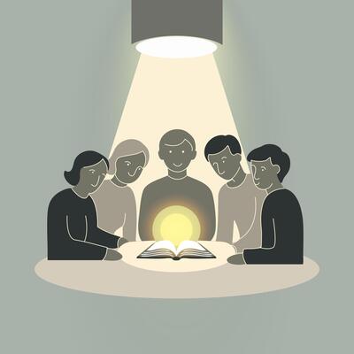Abstract scene with people and a book and the light from it personifying knowledge. Silhouettes of students in a minimalistic style