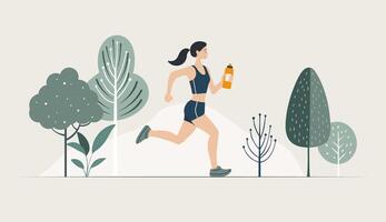 The girl is running. Training outside. Sport activities on fresh air. Flat wellness scene. vector