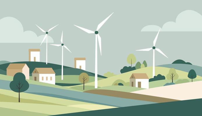 Powerful windmill. Illustration of wind turbines integrated into a rural landscape. Eco illustration in a flat style