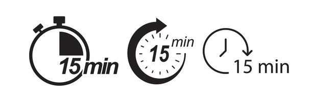 Black style icon set for 15-minute countdown timer vector