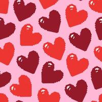 Romantic seamless pattern with red pixel heart on a soft pink background. Hand drawn illustration for wrapping paper, textile, fabric. vector