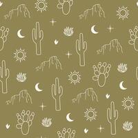 Seamless pattern with mountain silhouette, cactus, sun and moon on green background. Hand drawn illustration for wrapping paper, textile, fabric. vector