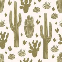 Seamless pattern with cacti and succulents on light background. Hand drawn illustration for wrapping paper, textile, fabric. vector
