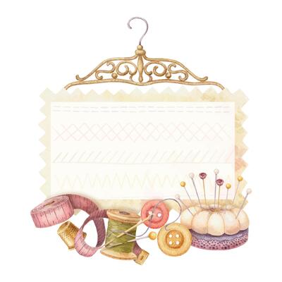 Watercolor sewing frame with rectangular fabric sample and tailor tools. Hand drawn vintage floral template with clothes hanger. Perfect for tailor logo and romantic card and invitation design.