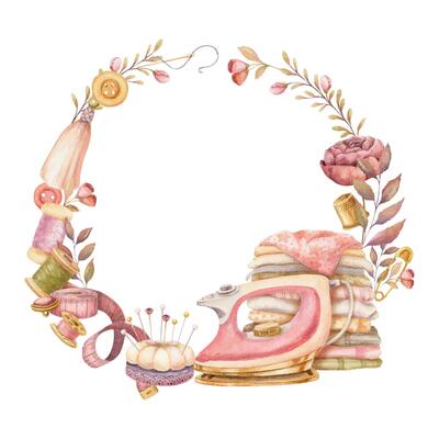 Round wreath with watercolor clothes repairing set. Hand drawn vintage floral frame template with pink iron and stack of fabrics. Perfect for tailor logo and romantic card and invitation design.