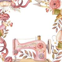 Square frame with watercolor sewing machine and copy space. Hand drawn vintage floral template with measuring tape and thread spool. Perfect for tailor logo and romantic card and invitation design. vector
